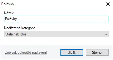 Dialog pro přidání kategorie s polem Název a Nadřazená kategorie