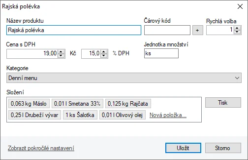 Dialog produktu Rajská polévka se sekcí Složení obsahující skladové položky