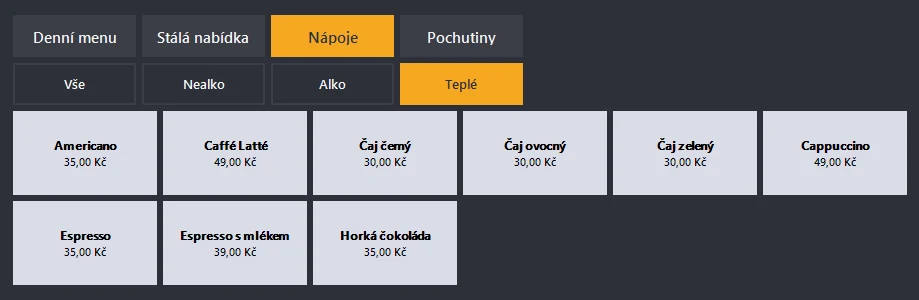Dlaždice produktů v kategorii Nápoje se zvýrazněnými aktivními podkategoriemi