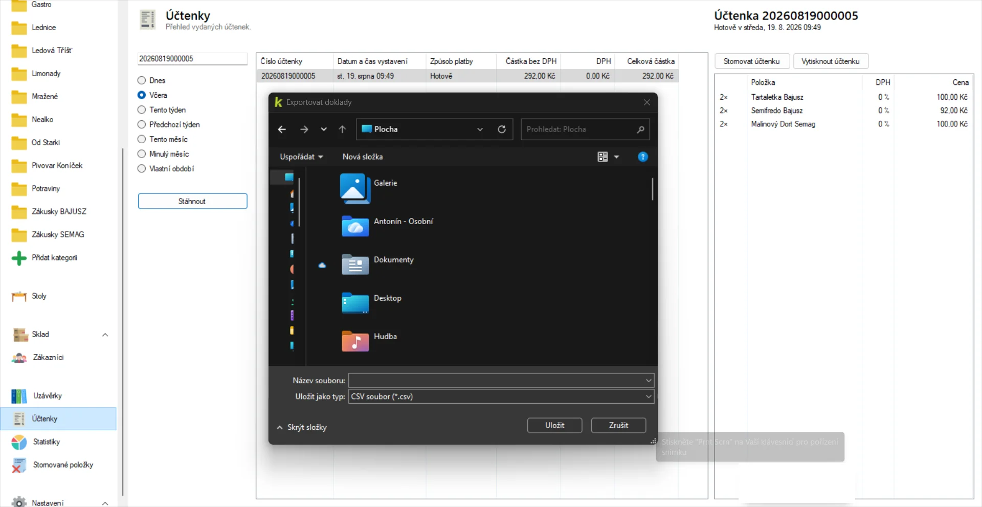 Dialog Exportovat doklady s výběrem formátu CSV nebo XML pro Pohodu