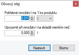 Dialog úpravy položky ve složení produktu Olivový olej