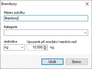 Dialog skladové položky Brambory s polem Jednotka a Upozornit při množství menším než