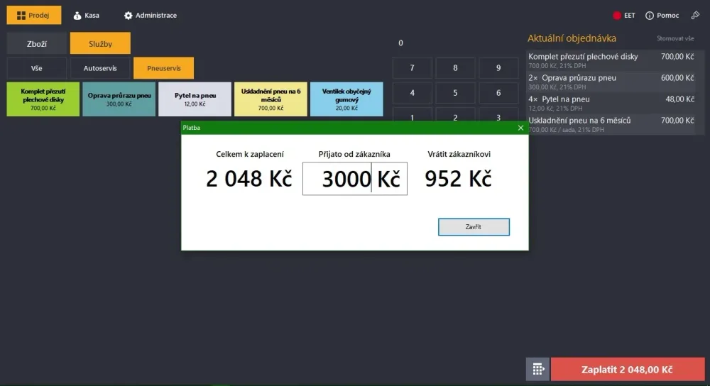 Prodejní obrazovka ZaKasou s otevřeným výpočtem platby