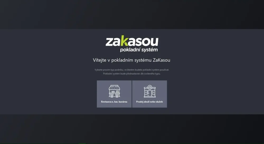 Uvítací obrazovka pokladního systému ZaKasou po prvním spuštění
